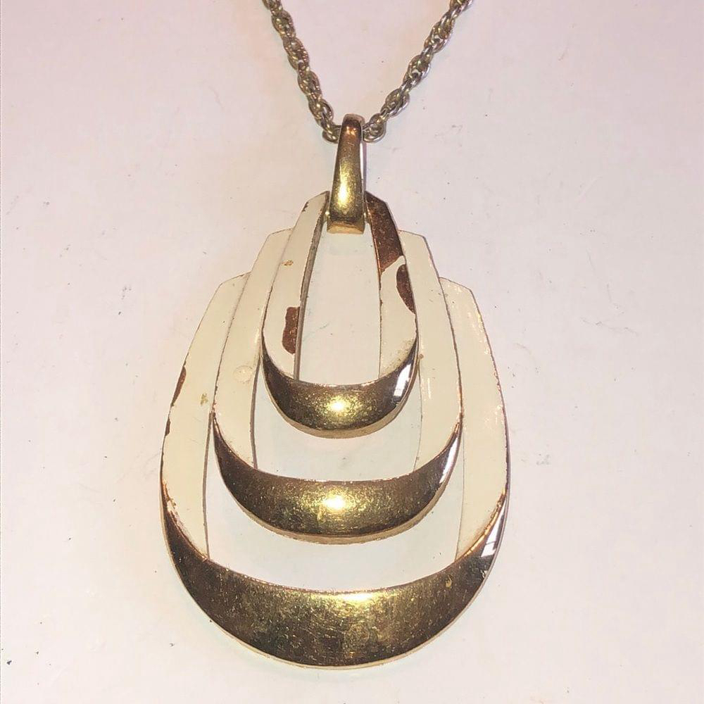 Trifari Crown Vintage Gold Tone Off White Cutout Pendant Necklace